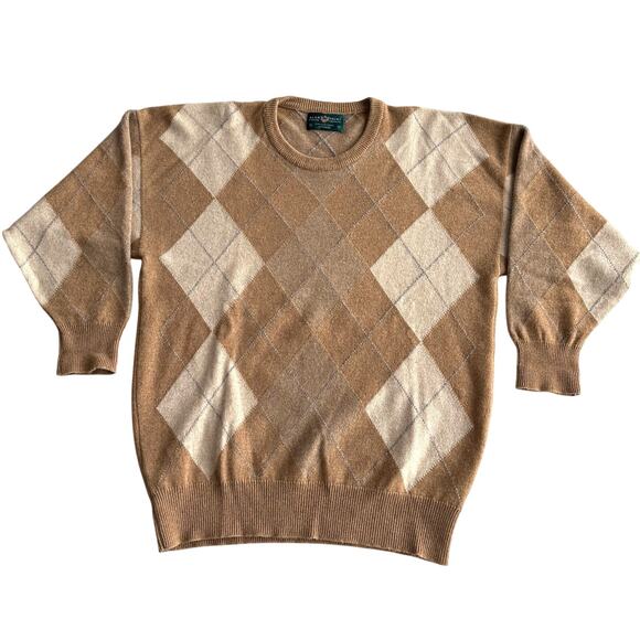 Alan Paine Great Britain 100% Cashmere Argyle Tan Crewneck Pullover Sweater L - Picture 1 of 9